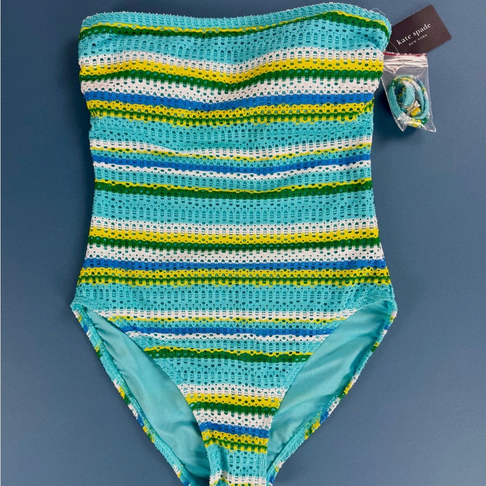 Kate Spade Crochet Turquoise and Yellow Striped Swimsuit One Piece Small NWT